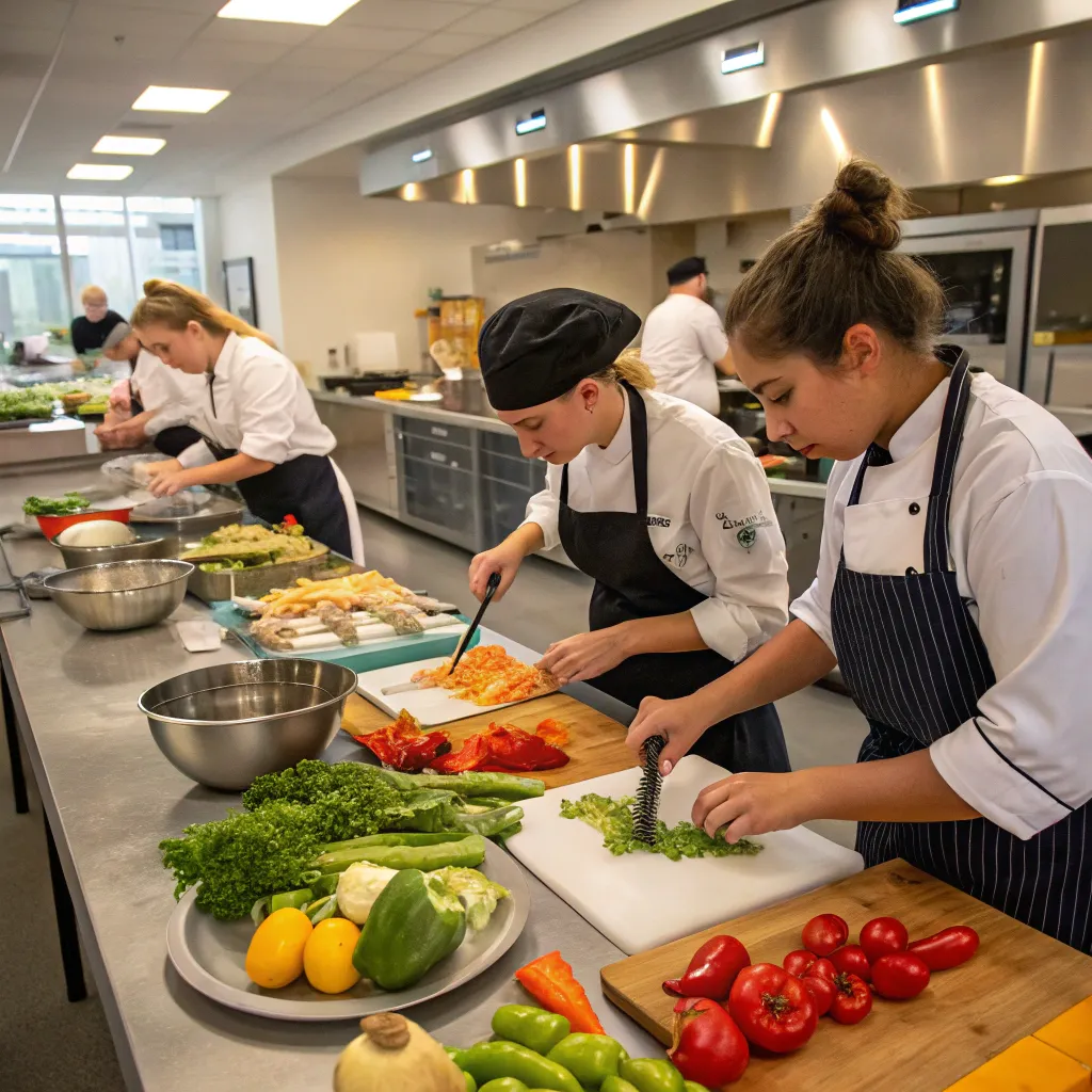 Culinary students engaged in a cooking class at LYMTHERIS
