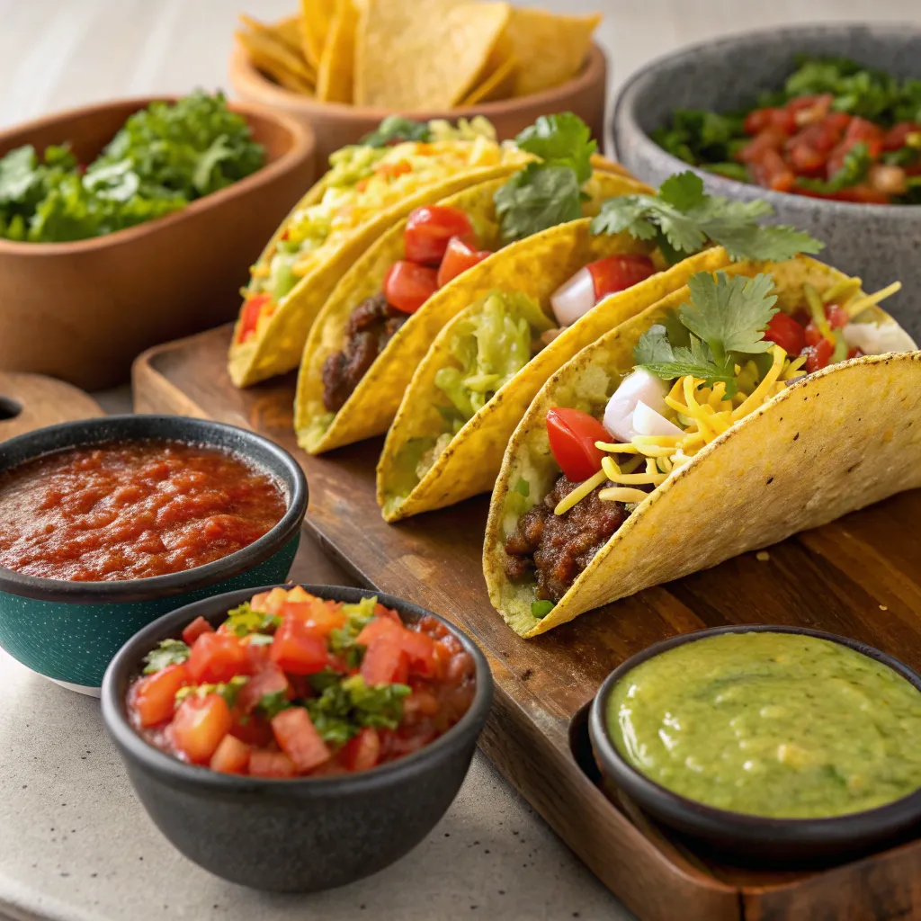 Colorful display of Mexican tacos and salsas